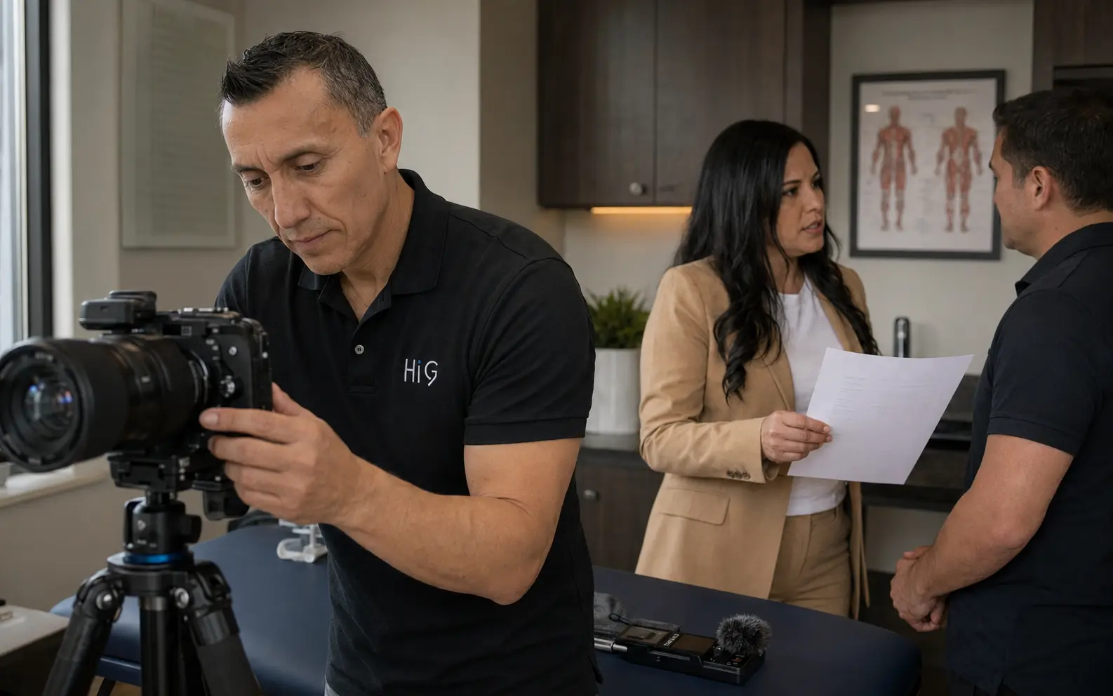 HIG team leading a professional content recording session inside a clinic